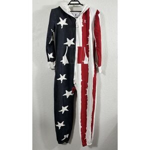 OnePiece Jumpsuit Mens Large Red White Blue Flag Hooded‎ Fleece One-piece